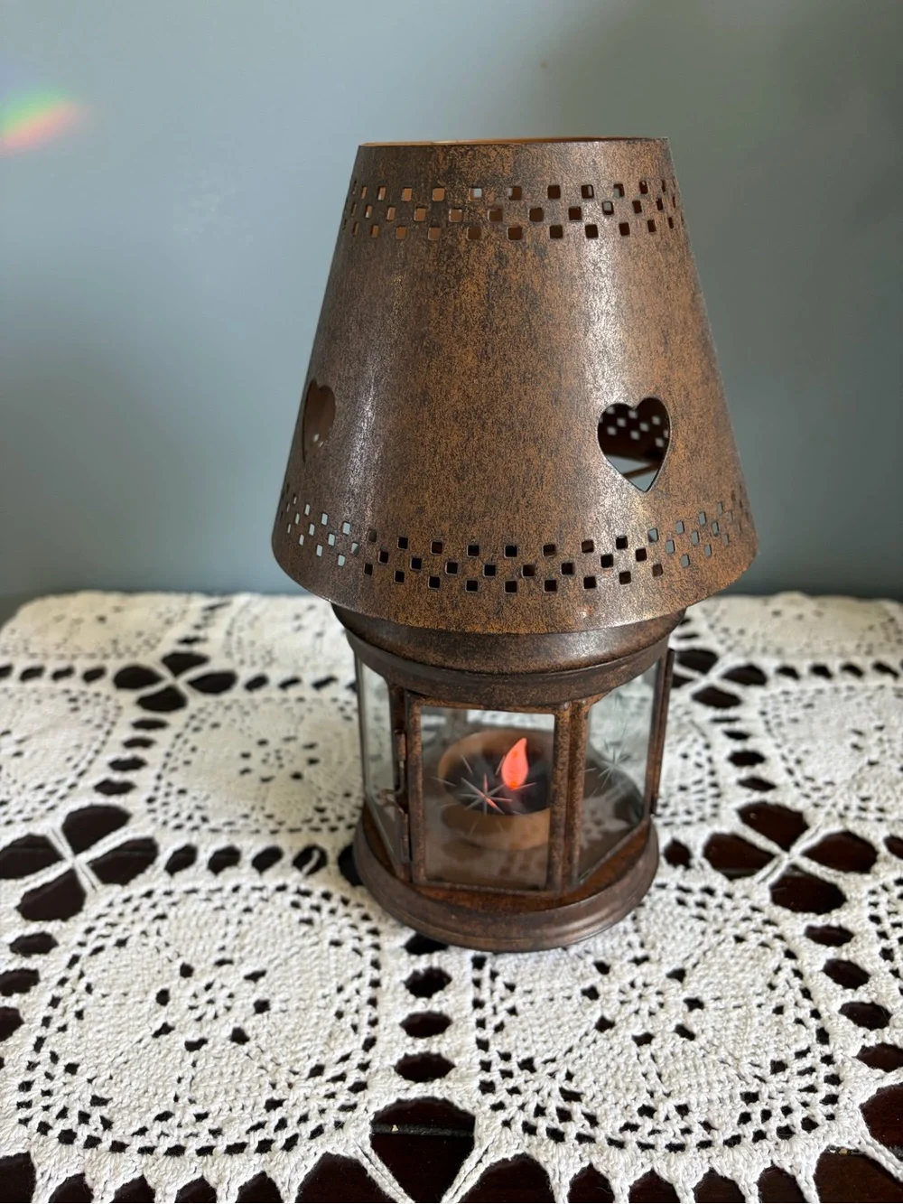 Rust-Tone Heart Cutout Hurricane Style Hinged Glass Table Lantern Candle Holder